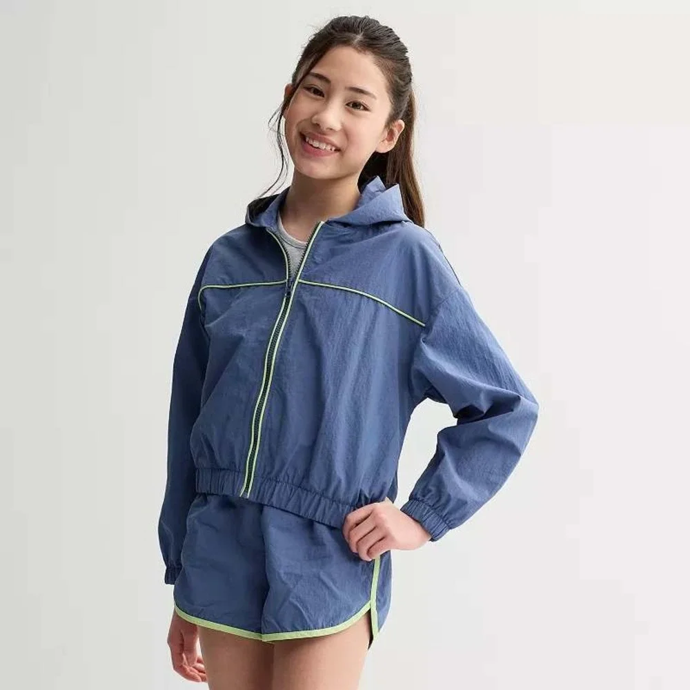 Eyeshadow Girl Blue Neon Lime Full Zip Hooded Windbreaker Jacket Kids Large 14